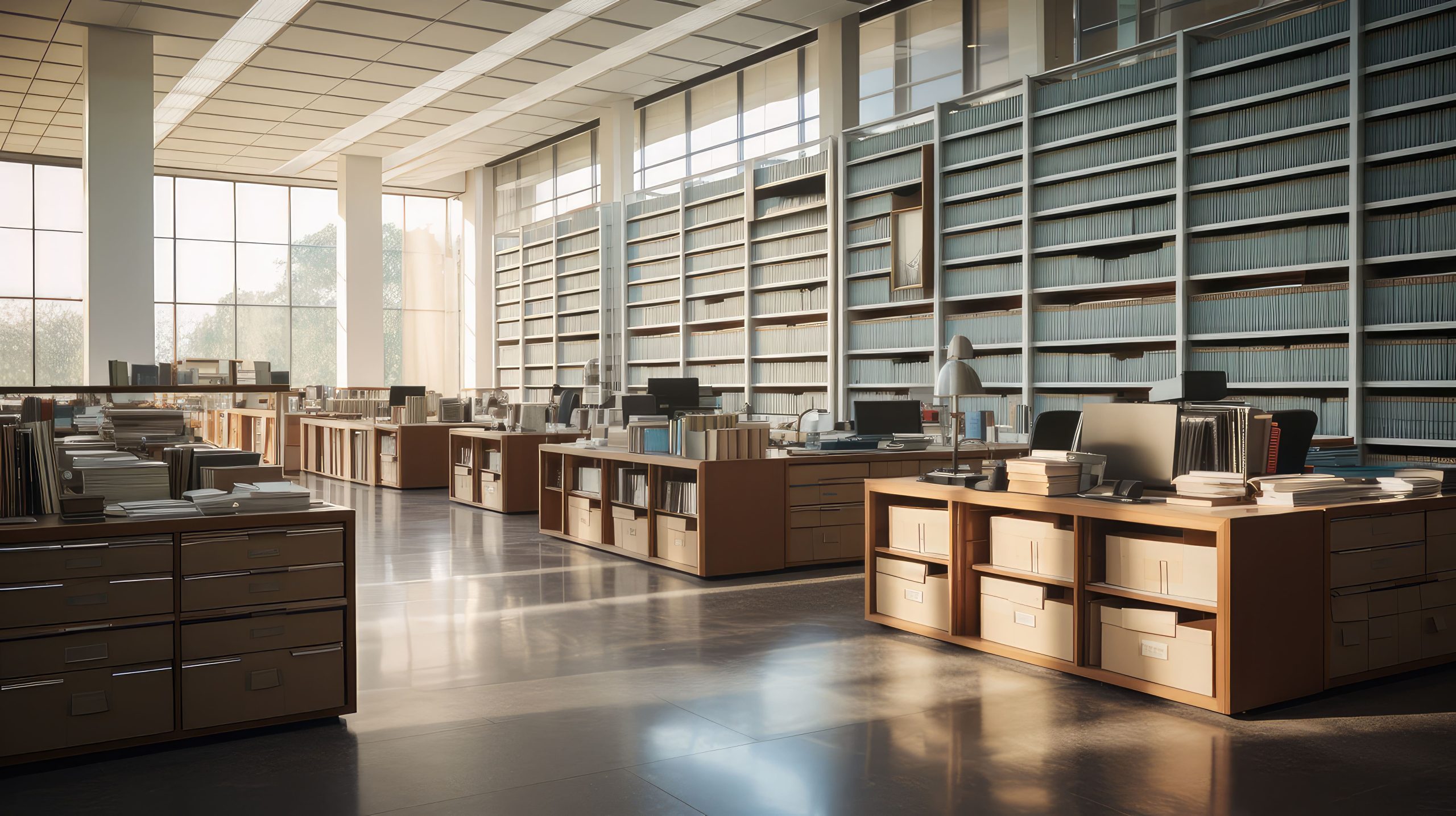 Filing cabinets and display units in a large corporate headquarters office