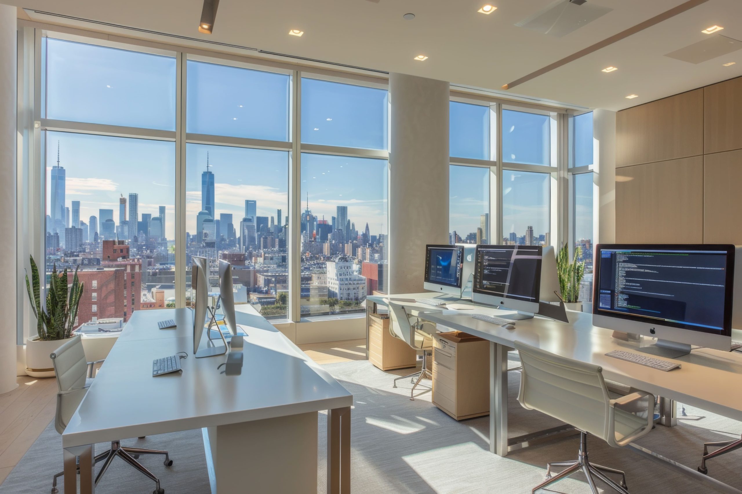 Commercial office desks in corporate headquarters—executive workstations in a glass-walled enterprise office